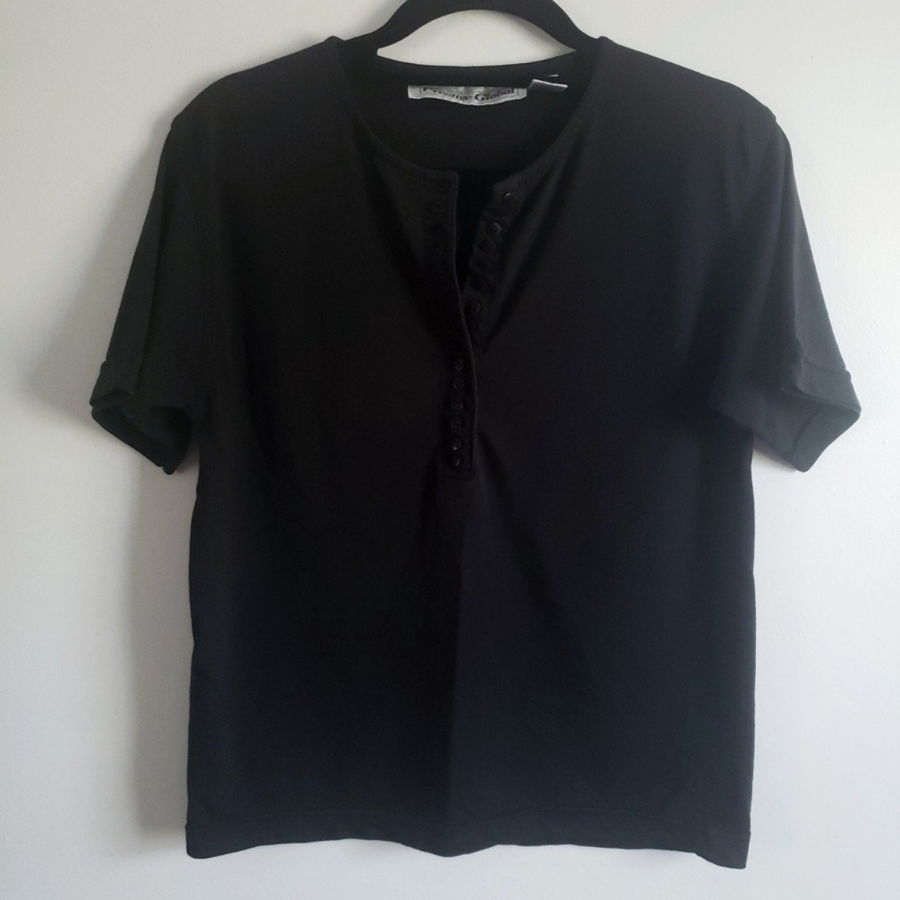 Vntg 90s PRESTIGE GLOBAL black henley tee